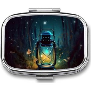 Vuurvliegjes en lantaarnpillenorganisator, vierkant medicijndoosje met spiegel, dagelijkse pillendozen voor portemonnee, mini-medicijnopslag, containerdoos, compacte pillenhouder voor vitamines