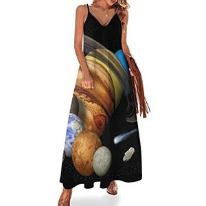 Space Solar Planets Zomerjurk voor dames, maxi-jurk, V-hals, mouwloos, spaghettibandjes, lange jurk