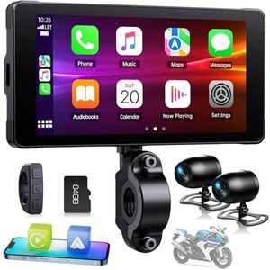 Volam Carplay Draagbaar Carplay display met dashcam voor aan de achterkant, 2K + 1080p voor motorfietsen, 5,5 inch waterdicht touchscreen, navigatie, Siri/G-oogle Assistant, app, 64TF-kaart