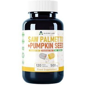 Alzuro Labs Zaagpalm (Saw Palmetto) & pompoenkern 500 mg (4:1 & 10:1 extract), 120 veganistische capsules,prostaat- en urinewegondersteuning, voorraad voor 4 maanden, laboratoriumgetest