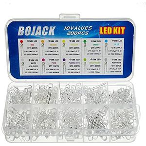 BOJACK 10 kleuren 200 stuks 5 mm LED-diodelampen Assored kitpakket (transparant DC 2V - 3,2V 20mA) Heldere gloeilampen Elektronische componenten 5 mm lichtemitterende dioden onderdelen