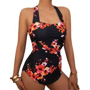 Bloemen Gedrukt Halter Ruches Een Stuk Badpak, Plus Size Vrouwen Sleutelgat Terug Badpak, Bloemen Gedrukt, XXL