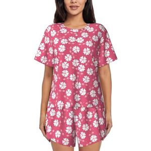 YJxoZH Bloemen Textuur Roze Print Vrouwen Zomer Pyjama Sets Nachtkleding Dames Korte Mouw Nachtkleding Pjs Lounge Met Zakken, Zwart, 3XL
