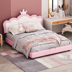 Aunvla Kinderbed, gestoffeerd bed, 140 x 200 cm, met lattenbodem en rugleuning, meisjesbed met kroonvorm, roze (matras niet inbegrepen)