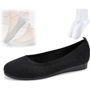 Comfortabele ademende slip-on boogondersteuning voor dames, antislip, vrijetijdsschoenen, mesh ronde neus platte schoenen voor vrouwen, platte schoenen voor feestwerk, Zwart, 43 EU