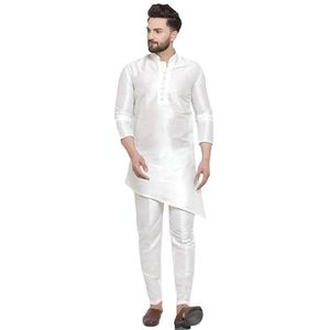 Lakkar Haveli Heren Indisch traditioneel Shirt Kurta Trail Cut Bruiloft Party Wear Big Tall Only Witte Zijde (3X-Large), Wit, 3XL