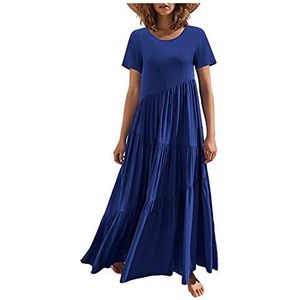 Uekinishi Dames zomer maxi jurk effen kleur katoen korte mouw O-hals casual losse lange strandjurken,Blauw,L