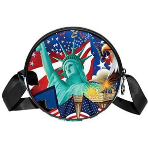 Messenger Bag Vrijheidsbeeld Amerikaanse Vlag Eagle Crossbody Tas voor Vrouwen Rond, Meerkleurig, 6.7x6.7x2.3 in, Sling Rugzakken