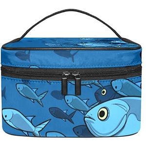 Vissen blauwe make-up organizer tas, reismake-up tas organizer case draagbare cosmetische tas voor vrouwen en meisjes toiletartikelen, Meerkleurig, 22.5x15x13.8cm/8.9x5.9x5.4in