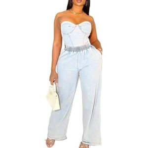LoprNsdgt Tube-Top Voor Dames 2-Delige Outfits Strapless Mouwloze Tops En Jeanssets Met Elastische Taille,Blauw,3XL