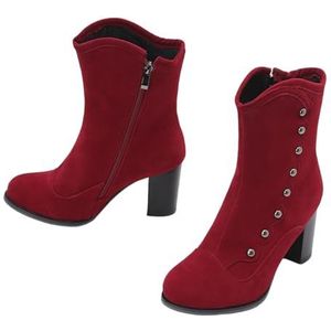 Elegante Enkellaarsjes Met Blokhak for Dames Retro Middeleeuwse Laarze Klassieke Chelsea Korte Laarzen Suède Laarsjes Met Rits Grote Maten Hoge Hakken for Feestjes(Red,43 EU)