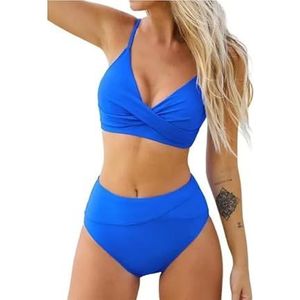 Bikiniset for dames, 2-delige badmode, kruis, gerimpeld, V-hals, hoge taille, push-up bikini, strandvakantie, damesbadpak(Royal blue,XXL)