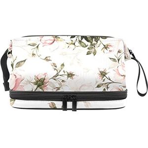 Roze Rose Make-upzak Dubbele Laag Ruime Cosmetische Zakken voor Vrouwen en Meisjes Reizen Draagbare Toiletry Pouch met Rits, Meerkleurig, 27x15x14 cm/10.6x5.9x5.5 in, Make-up zakje