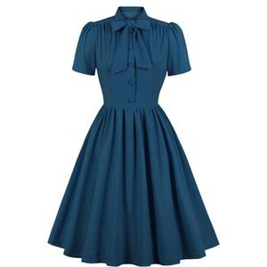 Vrouwen vlinderdas hals knoop up vintage geplooide jurk zomer feest elegante gewaden korte mouw effen jurken, Blauw, M