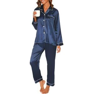 Pyjama Dames Satijnen Pyjama Set met knoopsluiting, Tweedelige Zijden Pyjama Voor Dames, V-hals Zachte Zijden Pyjama Nachtkleding, Loungewear Voor Alle Seizoenen