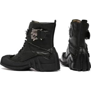 Men's Lace-up Motorcycle Boots With Gothic Skull, Vintage Mid-Calf Punk Rock Ankle Boot, Winter Warm Snow Boots (Color : Black Cotton, Size : 48 EU)