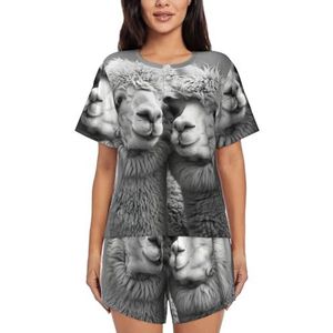 I Love Alpacas Print Dames Zomer Zachte Tweedelige Bijpassende Outfits Korte Mouw Pyjama Lounge Pyjama Sets, Zwart, 3XL