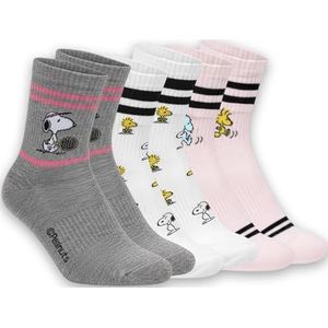 Peanuts Damessokken, 3 paar, officiële Snoopy, maat 36-40 (grijs, roze, wit), zacht katoen, antislip, 3 paar