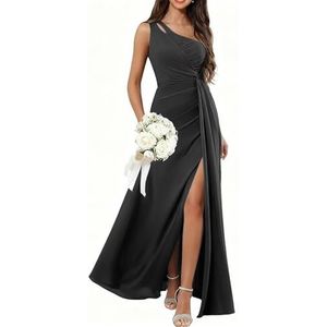 HPPEE Damesjurk met één schouder en split geplooide mouwloze chiffon formele avondjurk, Zwart, 32