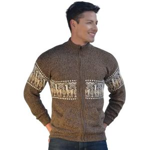 Gamboa - 100% Alpaka Rollkragenpullover mit Reißverschluss -Lamas Design, Braun, XL