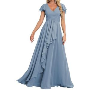 Prinses Bruidsmeisjes Jurken Flutter Mouw Galajurken Chiffon Formele Avondfeest Maxi Jurk met Split ZM189, Moody Blauw, 32