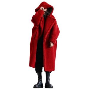 Sawmew Pluche Jas Dames Lange Teddy Jas Met Capuchon, Winterwarme Capuchon, Uitloper Winterjas Met Lange Mouwen, Pluche Jas Met Zakken, Oversized (Color : Red, Size : 3XL)