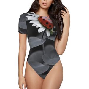 ELSMZXZD Rompertje met korte mouwen voor dames - lieveheersbeestje bedrukt ronde hals bodysuit, rekbaar T-shirt top, casual slim fit turnpakje, 3 D, S