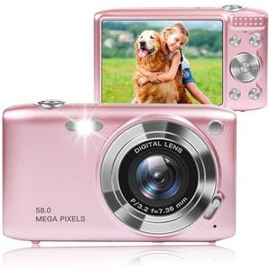 Digitale Camera, 4K 58MP Full HD 16X Zoom Vaste Focus Macro Getimede Fotografie Digitale Videocamera, Draagbare Compacte Digitale Camera voor Tieners, Volwassenen, Beginners (PINK)