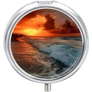 The Beach Sunset Pill Organizer 3 Compartiment Reizen Pillendoos met Spiegel Dagelijkse Geneeskunde Pillendoosje Metalen Pillendoos voor Portemonnee & Pocket Draagbare Kleine Medicijndoos Ronde