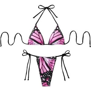 SuChengSS Women'S Bikinis Women Butterfly Print Halter String Micro Bikini Sets Two Pieces Swimsuit Swimwear Bathing Suit Beach Outfits-purple-s