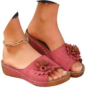 Wedgesleekte Hak Slippers for Dames Elegante Peep Toe Sandalen Met Bloemen Comfortabele Platform Slippers Binnen- En Buitenslippers Studentenslippers 2025 Vrijetijds- En Strandschoenen(Red,43 EU)