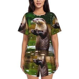 Dier Leuke Bruine Otters Print Womens Zomer Zachte Tweedelige Bijpassende Outfits Korte Mouw Pyjama Lounge Pyjama Sets, Zwart, M