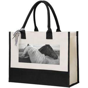 YUNWEIKEJI Wit Paard En Zwart Paard Gedrukt, Boodschappentas Tote Bag Canvas Tas Winkelen Handtas, Multifunctionele Canvas Schoudertas, zoals afgebeeld, Eén maat