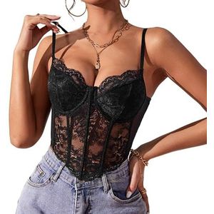 Haibang Vest Tops Vrouwen UK Sexy Kant Korset Crop Tops Spaghetti Strappy Cami Tops Backless Slim Fit Camisole Bralettes Mesh Bustier Mouwloze Tanktops Uitgaan Party Clubwear, Zwart, XS