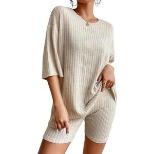 AYKZGIQS Shirt Women'S Summer Vacation Casual Suit O Neck Shorts Sleeved And Tops Suits Two Piece Sets Homewear-Beige-Xl