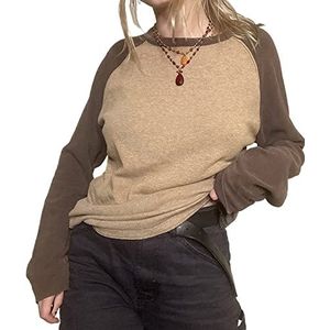 Jsrichhe Vrouwen Lange Mouw Ronde hals Sweatshirt Fairy Grunge Colorblock T-shirts, Bruin, S