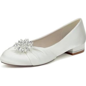 KYEGLO Satijnen Platte Schoenen Met Gesloten Neus Voor Dames, Ronde Neus, Afstudeerschoenen Met Strass-Steentjes - Ideaal Voor Bruiloften En Werk,ivoor,36 EU