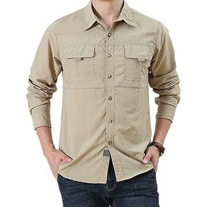 FAWHEWX Outdoorshirt voor heren, met lange mouwen, wandeltop, zonwerend shirt, sneldrogend, licht met zak, shirt, lente, zomer, knoopsluiting, ademend, sneldrogend, met zak, voor golf, UK 4XL, C-kaki,