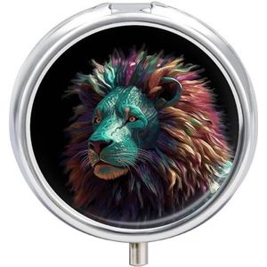 Abstracte 3D Art Leeuw Ronde Pillendoos 3 Compartiment Geneeskunde Pil Organizer met Spiegel Reizen Kleine Pil Case Leuke Vitamine Organizer Draagbare Dagelijkse Pil Container voor Pocket Purse