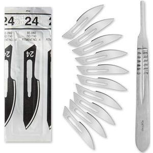 Set - 10 stuks scalpelmessen figuur 24 van koolstofstaal - reservemesjes afzonderlijk steriel verpakt + 1 x Shehadeh - scalpelhouder - roestvrij staal