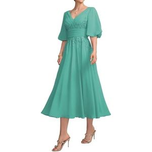 HPPEE Damesjurk voor dames, lange jurk voor moeder van de bruid met kant, applicatie, pofmouwen, chiffon, formele avondjurk, Turkoois, 34