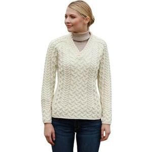 Aran Woollen Mills Dames 100% Merino Wol Gebreide V-hals Getailleerde Dames Trui, NATUURLIJK, L