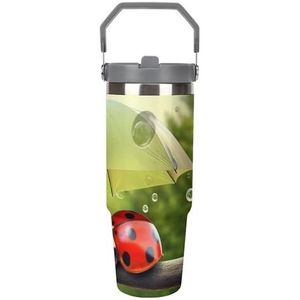 30 oz roestvrij staal geïsoleerde beker met klapdeksel en rietje, lekvrije reismok voor auto, grappige lieveheersbeestje holding paraplu's dubbelwandige vacuüm thermische koffiekop met handvat,