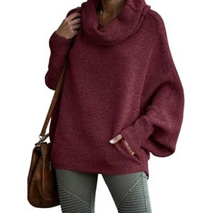 Dames Coltrui Met Vleermuismouwen, Oversized, Grof Gebreide Kabeltrui Met Losse Pasvorm(Wine red,XXL)