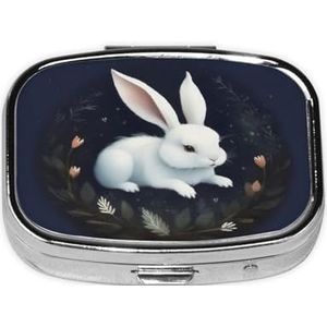 Vierkante pillendoos schattig wit konijn - 2 compartimenten geneeskunde pillenetui, waterdicht, zak pillenorganisator, draagbaar, voor zak of portemonnee pillendozen