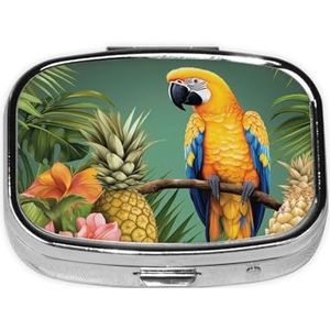 Zomer papegaai ananas vogel print pillendoos 2 compartimenten kleine pillendoos met spiegel pillenorganizer draagbare medicijnpillendoos voor reizen zak portemonnee