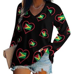 I Love Guyana Red Heart vrouwen casual T-shirts met lange mouwen V-hals gedrukte grafische blouses Tee Tops 4XL