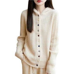 Dames Kasjmier Vesten Met Capuchon 2025 Lange Mouwen Wollen Trui Met Gekleurde Knopen Elegante Effen Tops Herfst Winter Zachte Warme Bovenkleding For Buiten, Kantoor(Beige,XX-Large)