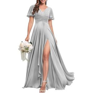 Chiffon bruidsmeisjesjurken voor dames, met split, baljurken, cocktailjurken, grote maten, Zilver, 32