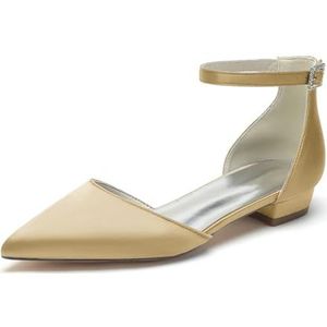 Dames Gespitste Satijnen Bruidsschoenen Platte Lage Hakken Enkelband Ivoor Bruidsschoenen,Champagne,35 EU